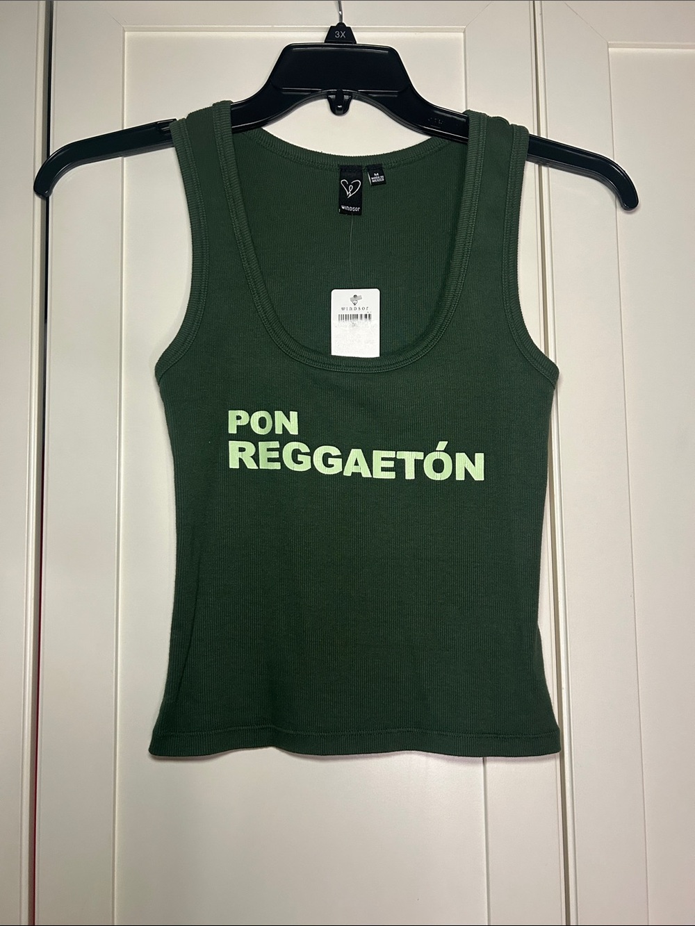 Windsor Dark Green Ribbed Tank with 'PON REGGAETÓN'